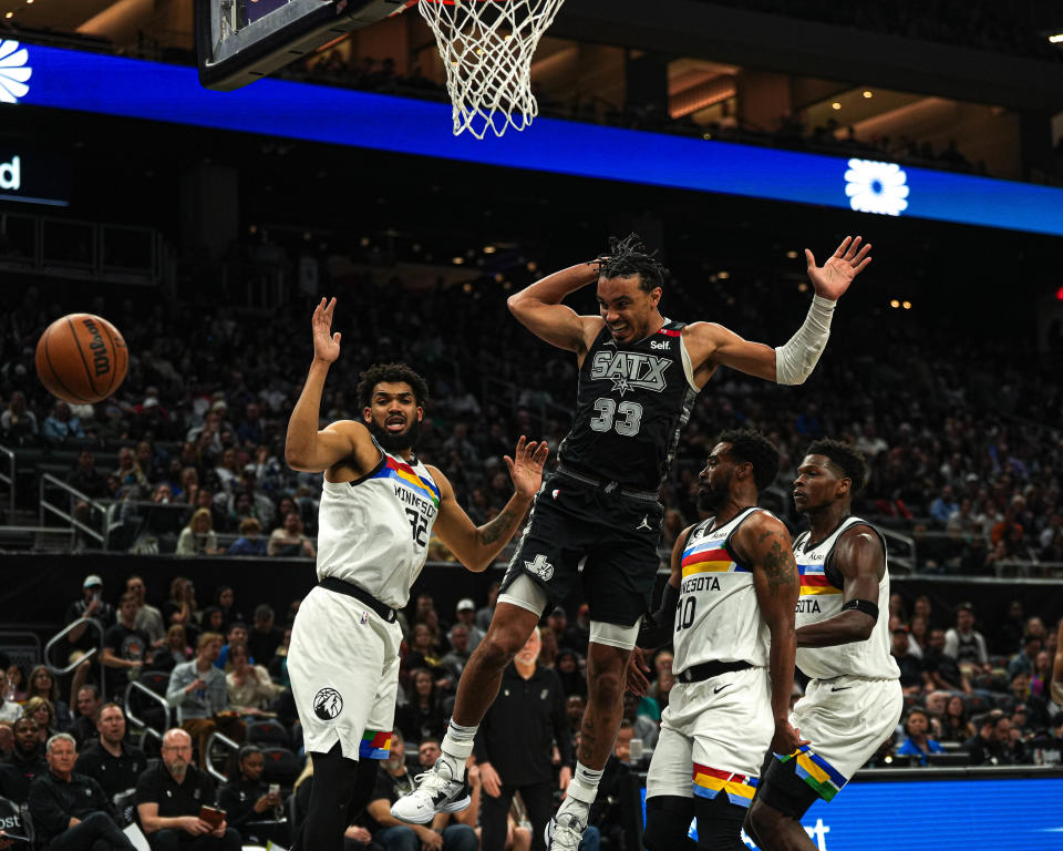 San Antonio Spurs guard Tre Jones loses the ball during Saturday's game with Minnesota at Moody Center. The Spurs split their two games in Austin, beating Portland last Thursday but falling to the Timberwolves on Saturday.