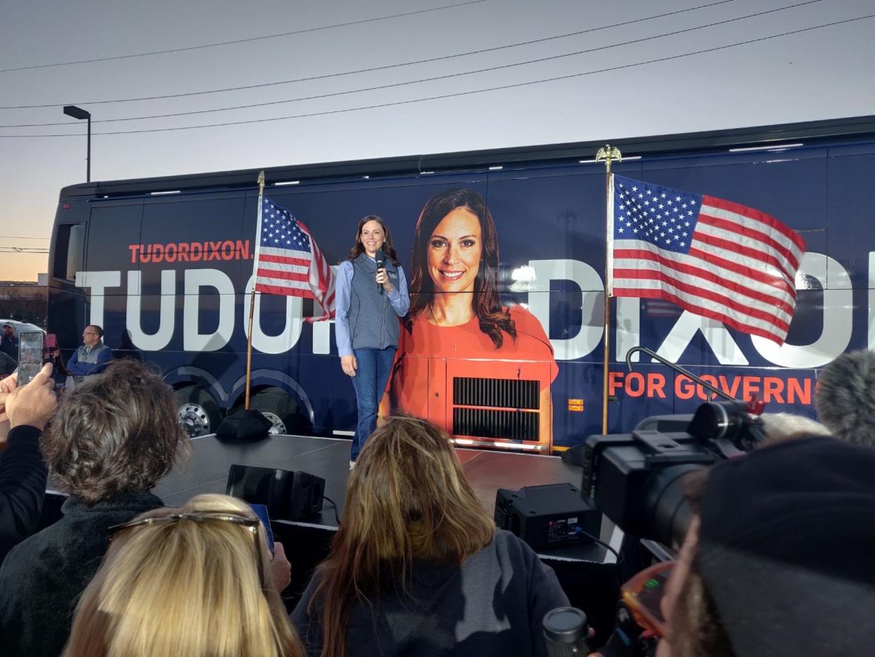 Michigan Republican gubernatorial hopeful Tudor Dixon speaks to supporters during a campaign stop in Sterling Heights, Michigan on November 6, 2022.
