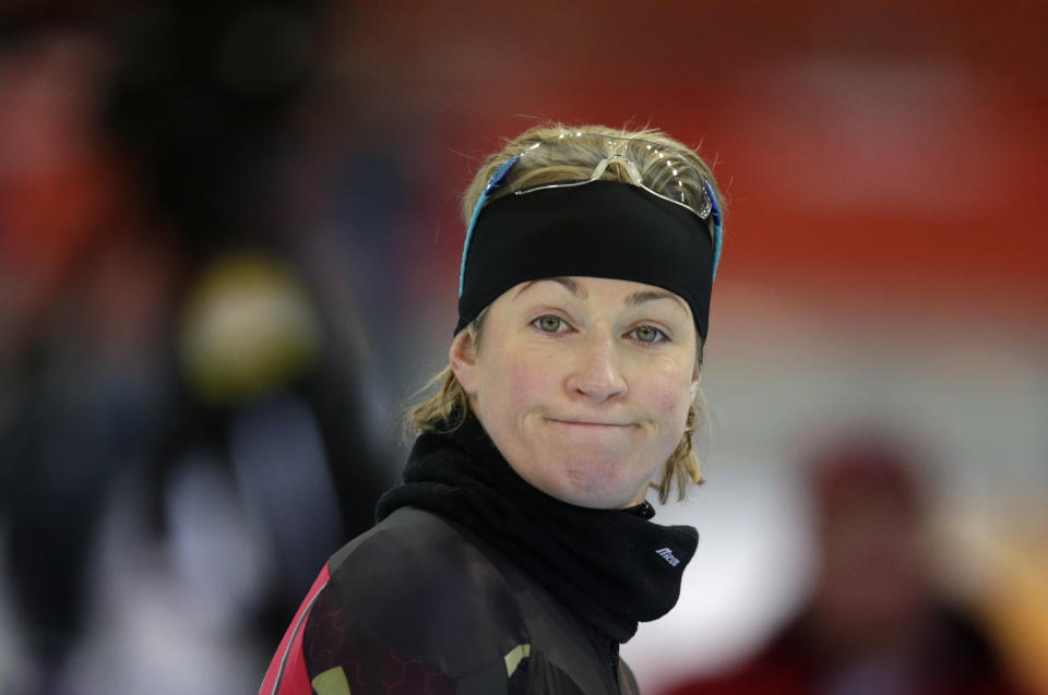 Claudia Pechstein of Germany trains at the Adler Arena Skating Center during the 2014 Winter Olympics in Sochi, Russia, Thursday, Feb. 6, 2014. (AP Photo/Matt Dunham)