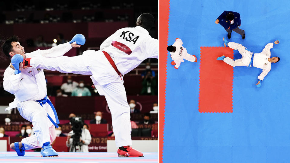 Sajad Ganjzadeh, pictured here being knocked out in the karate gold medal match.