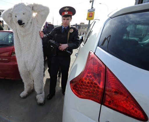 Police officers detain Greenpeace activists dressed as polar bears outside Norwegian oil and gas group Statoil's office in Moscow, on April 25, 2013. Greenpeace says it has deployed its icebreaker through an Arctic shipping route to protest against oil drilling in the fragile ecosystem, defying Russian authorities