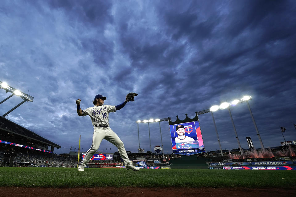 Kansas City Royals' Nate Eaton warms up before a baseball game against the Minnesota Twins Wednesday, Sept. 21, 2022, in Kansas City, Mo. (AP Photo/Charlie Riedel)