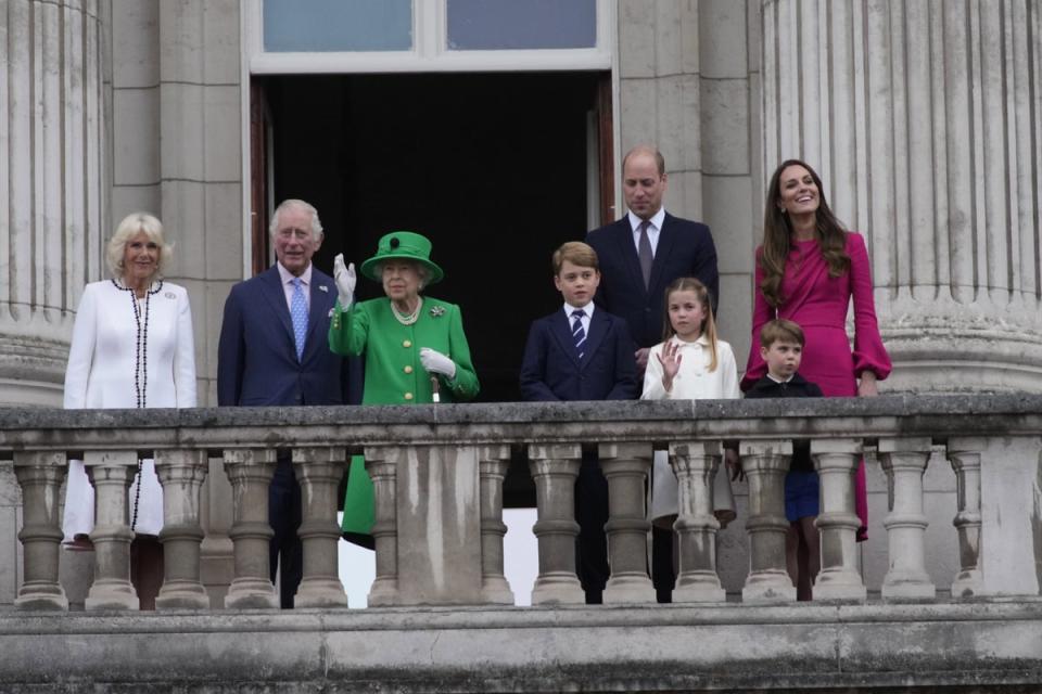 The Duchess of Cornwall, the Prince of Wales, the Queen, Prince George, the Duke of Cambridge, Princess Charlotte, Prince Louis, and the Duchess of Cambridge on the balcony of Buckingham Palace (PA Wire)