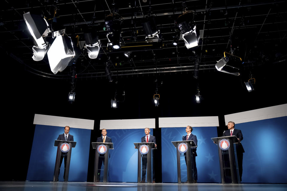 From left, JR Bird, John Dougall, Mike Kennedy, Case Lawrence and Stewart Peay, candidates in the Republican primary for Utah's 3rd Congressional District take part in a televised debate at the Eccles Broadcast Center on Wednesday, June 12, 2024, in Salt Lake City. (Spenser Heaps/The Deseret News via AP, Pool)