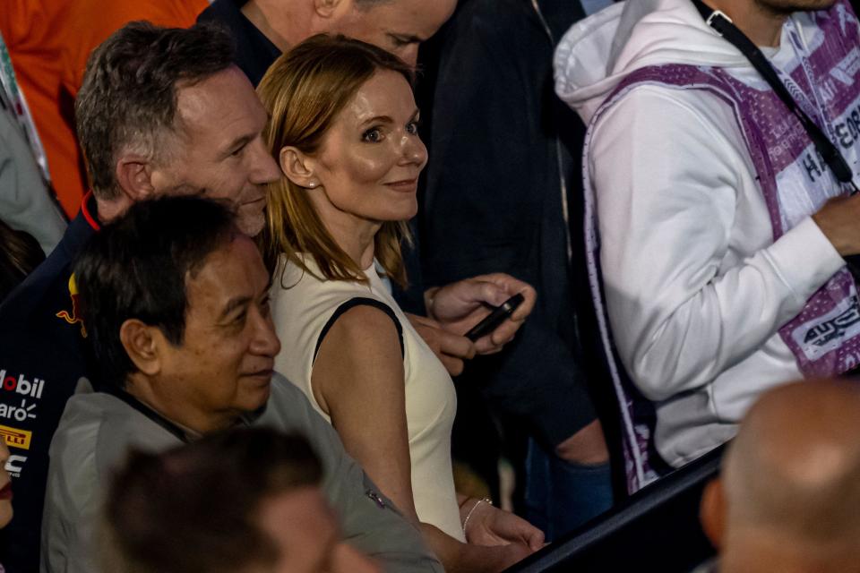 SAKHIR, BAHRAIN: Christian Horner and Geri Halliwell, at the 2024 Formula 1 Bahrain Grand Prix at the Bahrain International Circuit in Sakhir, Bahrain.