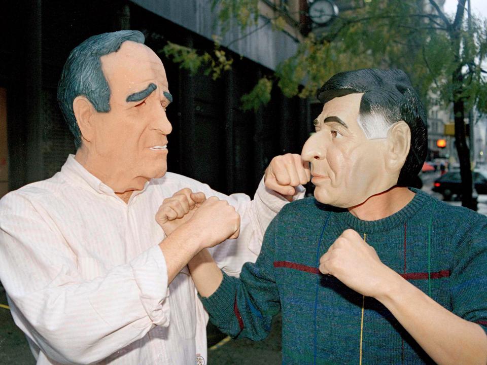 Presidential candidate mask costumes in 1988.