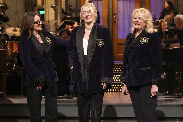 <p>Will Heath/NBC via Getty Images</p> Tina Fey, host Emma Stone, and Candice Bergen on 'SNL'