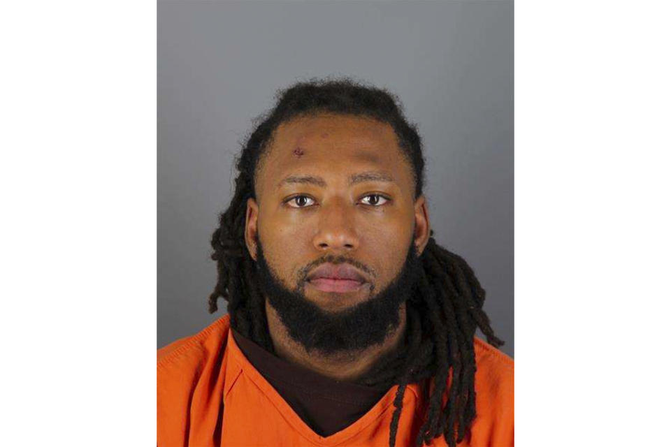 This booking photo provided by the Hennepin County, Minn., Sheriff’s Office shows Derrick Thompson. Thompson was booked into the Hennepin County Jail on Monday, June 19, 2023, in the aftermath of a crash on Friday, June 16, that killed five young women in Minneapolis after the speeding driver blew past a state trooper, ran a red light and slammed into their car. Thompson served a hit-and-run sentence for a different incident in a California prison until his release earlier this year. (Hennepin County Sheriff’s Office via AP)