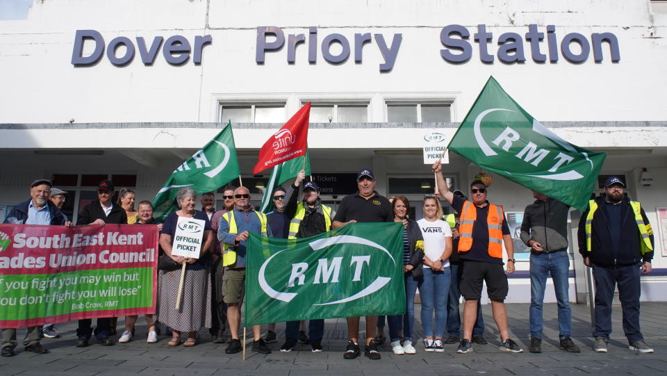 The picket line outside Dover Priory Station, as members of the Rail, Maritime and Transport union begin their nationwide strike in a bitter dispute over pay, jobs and conditions. Picture date: Tuesday June 21, 2022.