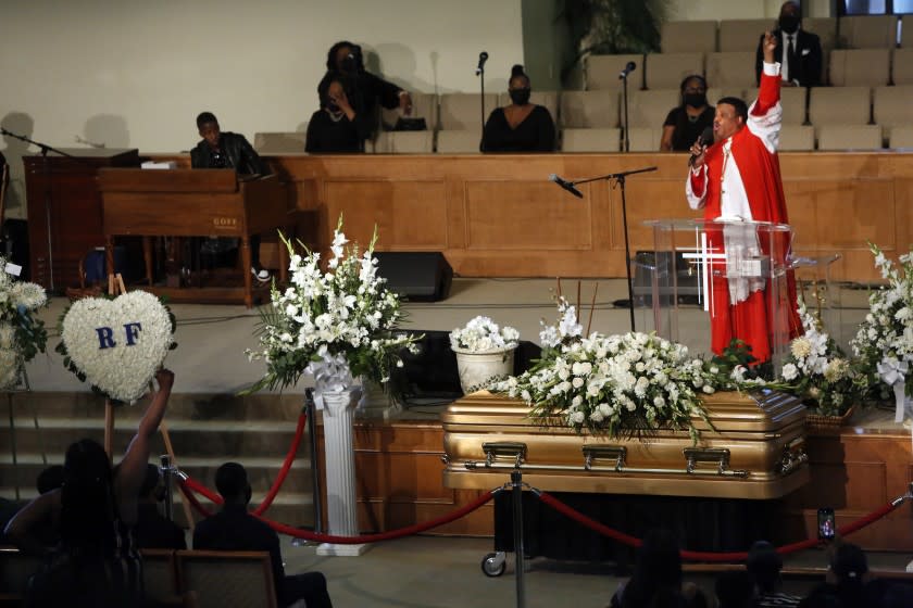 LITTLE ROCK, CA - JUNE 30: Bishop Kenneth C. Ulmer gives a eulogy during a "homegoing service" for Robert Fuller in Living Stone Cathedral of Worship on Tuesday, June 30, 2020 in Little Rock, CA. According to the Los Angeles County Sheriff's Department, a passerby found Mr. Fuller's body hanging from a tree across from Palmdale City Hall on June 10. Initially, the death was ruled a suicide, but the family stated that Mr. Fuller was not suicidal. (Dania Maxwell / Los Angeles Times)