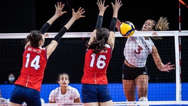 Opposite hitter Kiera van Ryk (white shirt) led Canada with 24 points in Monday's five-set loss to South Korea in women’s Volleyball Nation League action in Rimini, Italy. (Submitted by Volleyball World - image credit)