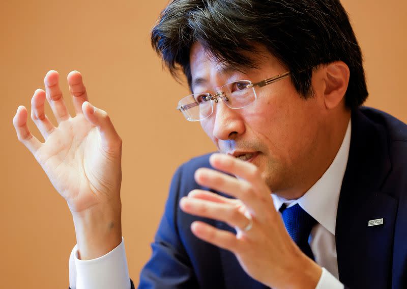 Mizuho Financial Group President and Chief Executive Officer Masahiro Kihara speaks during an interview with Reuters in Tokyo