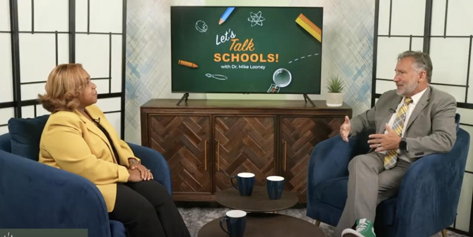 Montreal Bell, left, the director of federal programs for Fulton County Schools, talked with Superintendent Mike Looney about relief funds during one of his “Let’s Talk Schools!” shows. (Fulton County Schools)