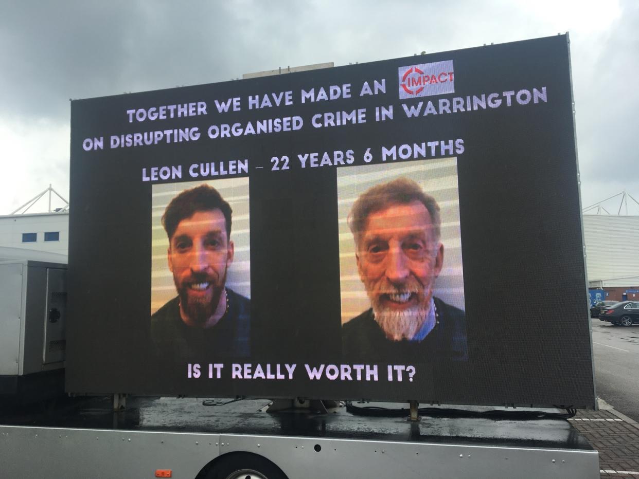 A billboard showing crime boss Leon Cullen's current mugshot and how he might look at the end of his prison sentence. (Reach)