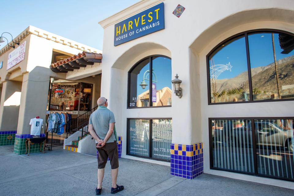 The closed Harvest House of Cannabis dispensary at 312 N. Palm Canyon in Palm Springs, Calif., on Wednesday, Dec. 21, 2022. 