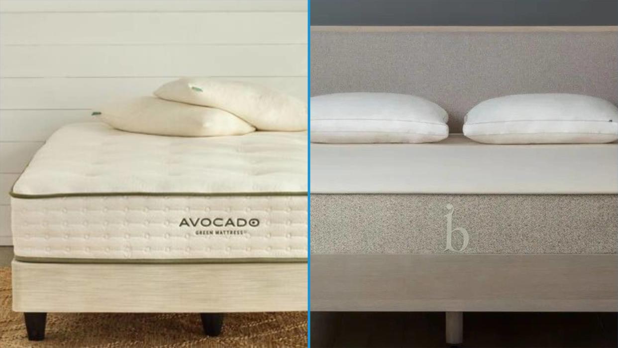  Avocado Green Mattress vs Birch Natural Mattress comparison image shows the Avocado mattress on the left and the Birch mattress on the right. 