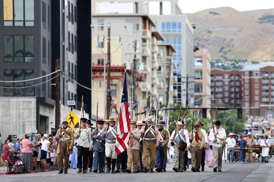 The Mormon Battalion walks in the Days of ’47 Parade in Salt Lake City.