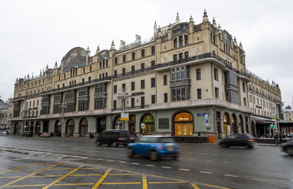 This photo taken on Feb. 21, 2019 shows a view of Moscow's iconic Metropol Hotel in Moscow, Russia. The Metropol, across the street from the Bolshoi Theater and 500 meters from Red Square, became a favorite with world leaders and celebrities. In 2009, U.S. President Barak Obama also gave a speech at the hotel. (AP Photo/Alexander Zemlianichenko)