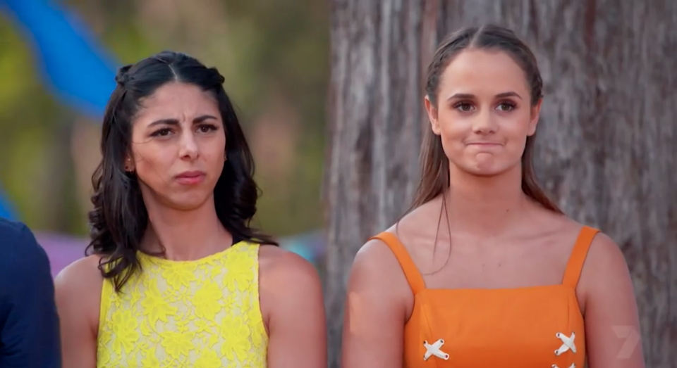 Fuming Rachael and Roula were left fending for themselves with no back-up from other contestants. Source: Seven