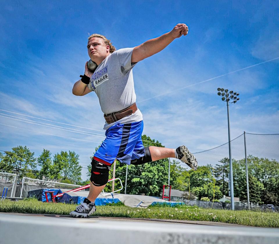 Luke Himes works on his shot put technique during track and field practice on Monday, May 22, 2023, at Heritage Christian High School in Indianapolis. Himes competes in  shot put and discus.