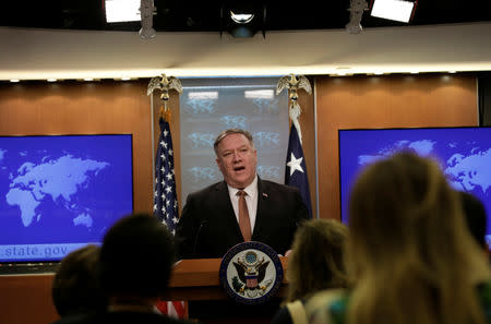 U.S. Secretary of State Mike Pompeo speaks during a briefing on Iran at the State Department in Washington, U.S., April 8, 2019. REUTERS/Yuri Gripas