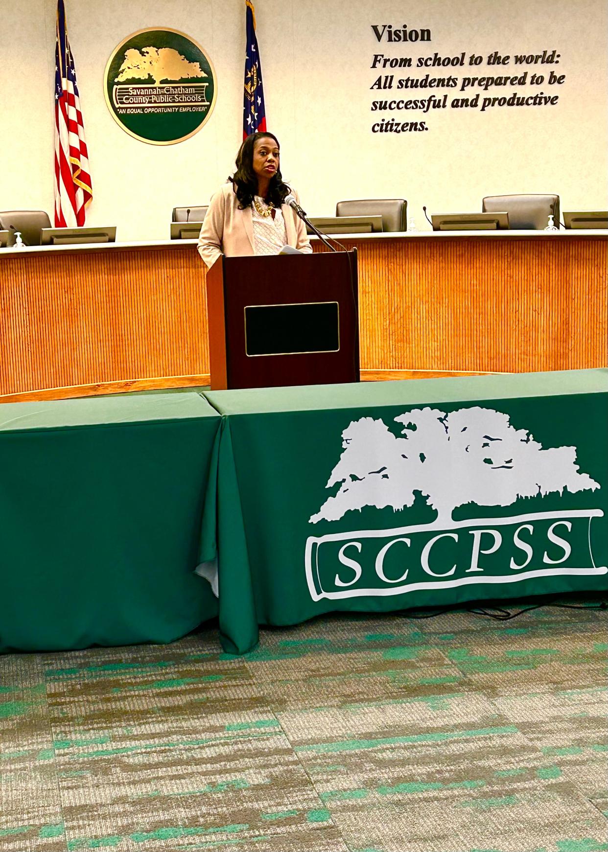 Savannah-Chatham County Public School System Superintendent Denise Watts, Ed.D, responds to questions from media representatives on Monday Nov. 6, 2023 at Whitney Administrative Complex, where she held a press conference about the district's Long-Range Facilities Plan