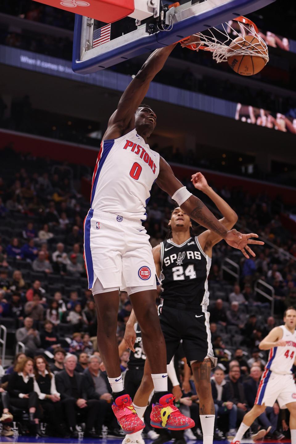 1923526357.jpg DETROIT, MICHIGAN - JANUARY 10: Jalen Duren #0 of the Detroit Pistons drives to the basket against Devin Vassell #24 of the San Antonio Spurs during the first period at Little Caesars Arena on January 10, 2024 in Detroit, Michigan. NOTE TO USER: User expressly acknowledges and agrees that, by downloading and or using this photograph, User is consenting to the terms and conditions of the Getty Images License (Photo by Gregory Shamus/Getty Images)