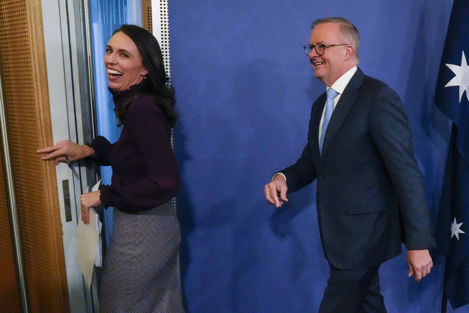New Zealand Prime Minister Jacinda Ardern, left, reacts as she and Australian Prime Minister Anthony Albanese leave following a joint press conference in Sydney, Australia, Friday, June 10, 2022. Ardern is on a two-day visit to Australia. (AP Photo/Mark Baker)