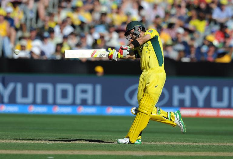 Australia's Glenn Maxwell plays a shot during the Pool A 2015 Cricket World Cup match between Australia and England at the Melbourne Cricket Ground on February 14, 2015