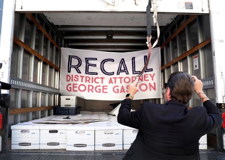 NORWALK, CA - JULY 06: A truck arrives with over 700,000 petition signatures in an effort to recall Los Angeles County District Attorney George Gascon to be submited to the County of Los Angeles Registrar Recorder/County Clerk office on Wednesday, July 6, 2022 in Norwalk, CA. (Gary Coronado / Los Angeles Times)