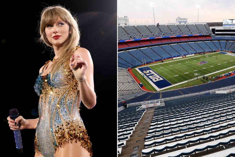 <p>John Shearer/TAS23/Getty for TAS Rights Management; Bryan M. Bennett/Getty </p> Taylor Swift, Highmark Stadium.