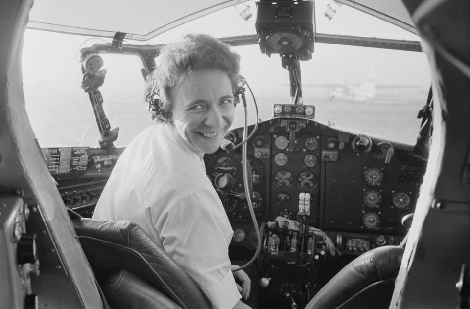 South African-born British pilot Yvonne Pope Sintes pictured seated in the cockpit of an aircraft at an aerodrome in England in 1964 when she had just become Britain’s first female commercial airline captain. (Photo: Daily Express/Hulton Archive/Getty Images)