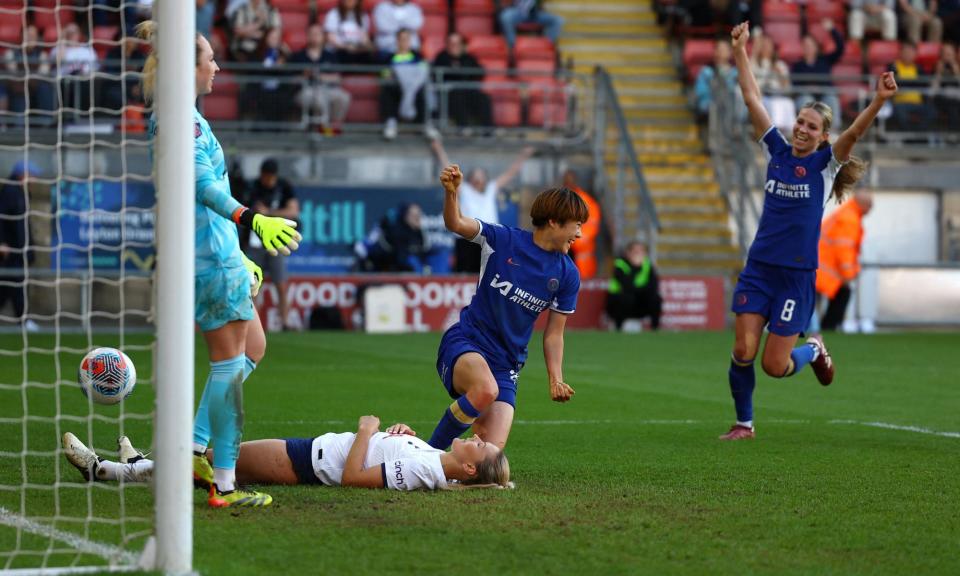 <span>Chelsea's Maika Hamano celebrates scoring the only goal of the game.</span><span>Photograph: Matthew Childs/Action Images/Reuters</span>