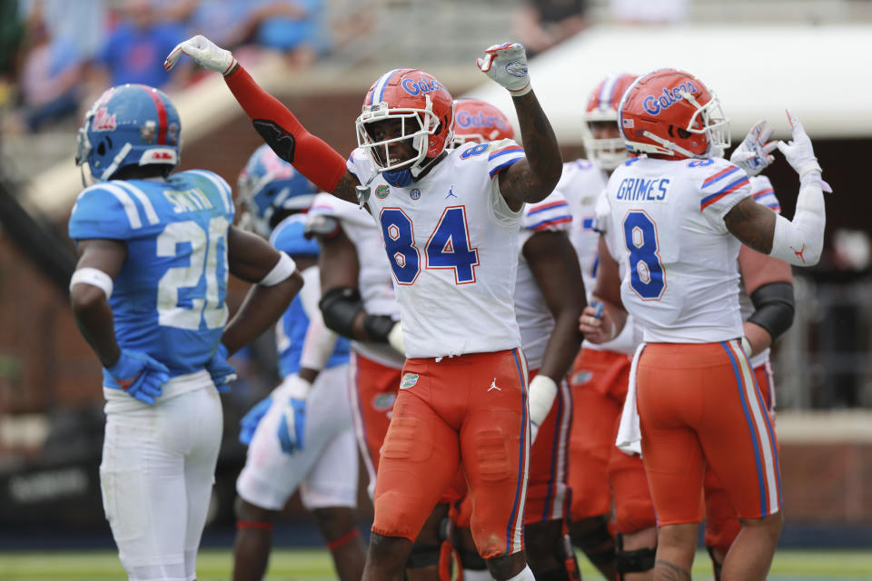 Florida receiver Kyle Pitts celebrates his fourth touchdown of the day during an NCAA college football game against Mississippi on Saturday, Sept. 26, 2020, in Oxford, Miss. (Thomas Wells/The Northeast Mississippi Daily Journal via AP)