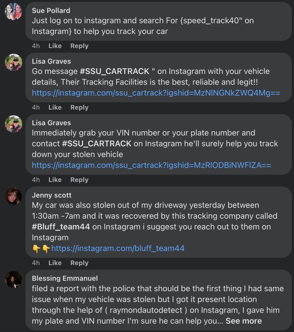 Automated scam comments on a report of a stolen 1983 Ford Mustang GT.