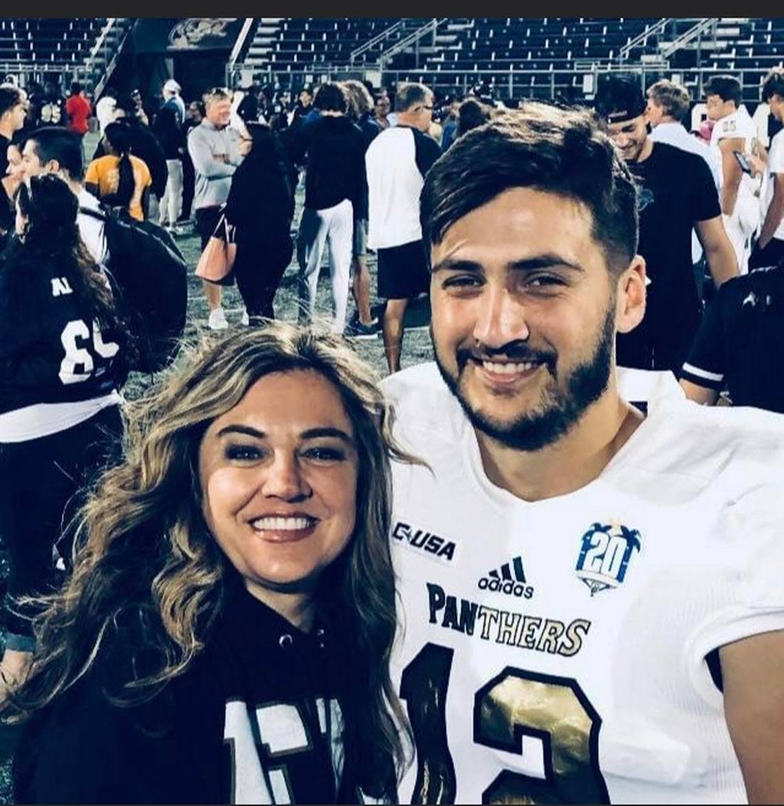 FIU quarterback Gunnar Holmberg (right) with his mother, Jennifer. Holmberg is the frontrunner to land FIU’s starting quarterback spot to open the 2022 season.