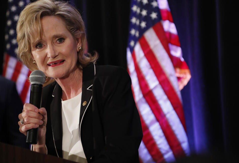 Republican U.S. Sen. Cindy Hyde-Smith speaks to her supporters as she celebrates her runoff win over Democrat Mike Espy in Jackson, Miss., Tuesday, Nov. 27, 2018. Hyde-Smith will now serve the final two years of retired Republican Sen. Thad Cochran's six year term. (AP Photo/Rogelio V. Solis)