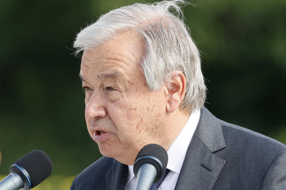 U.N. Secretary General Antonio Guterres delivers a speech during the ceremony marking the 77th anniversary of the Aug. 6 atomic bombing in the city, at the Hiroshima Peace Memorial Park in Hiroshima, western Japan Saturday, Aug. 6, 2022. (Kenzaburo Fukuhara/Kyodo News via AP)