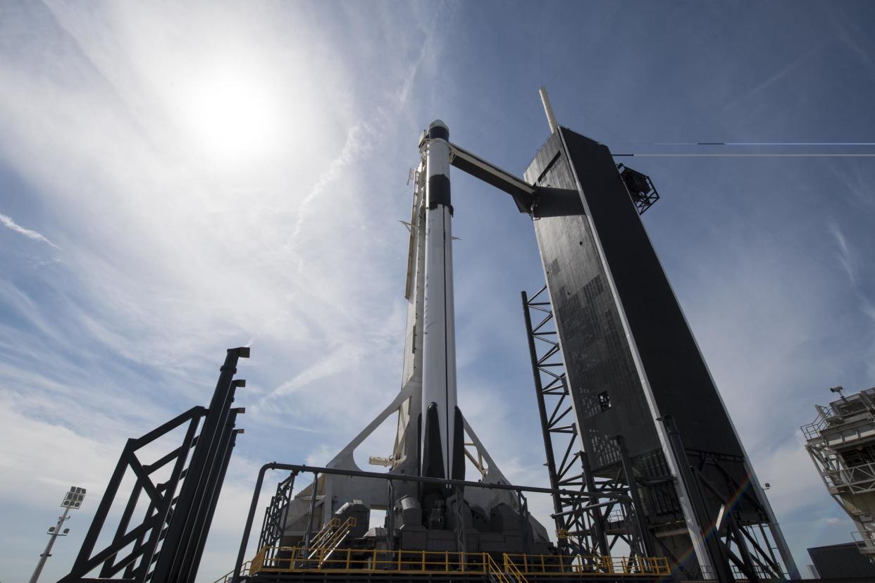 SpaceX Falcon 9 rocket with the company's Crew Dragon spacecraft onboard is seen on the launch pad at Launch Complex 39A as preparations continue: Getty