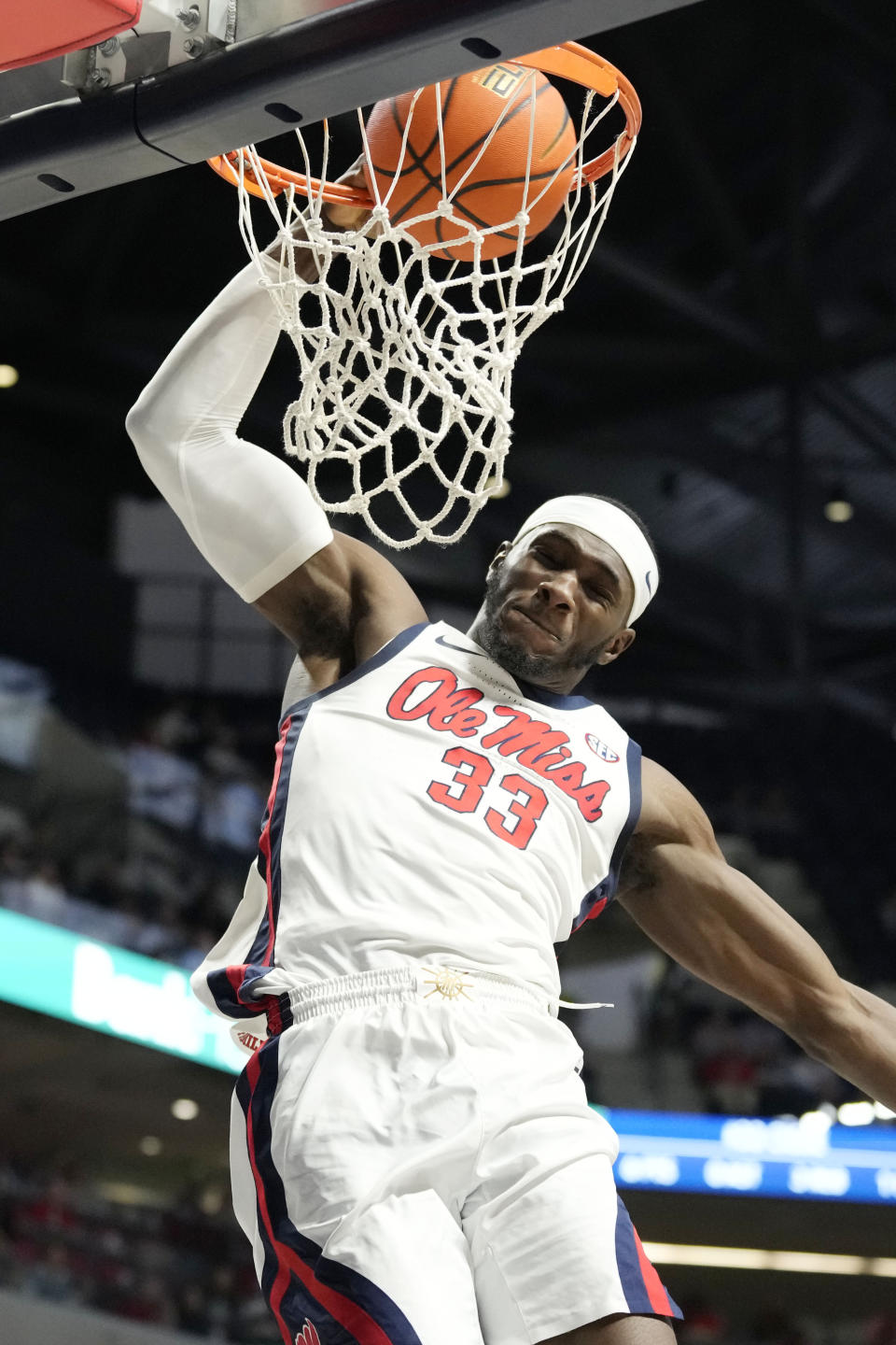 Mississippi forward Moussa Cisse dunks during the second half of an NCAA college basketball game against Bryant, Sunday, Dec. 31, 2023, in Oxford, Miss. (AP Photo/Rogelio V. Solis)