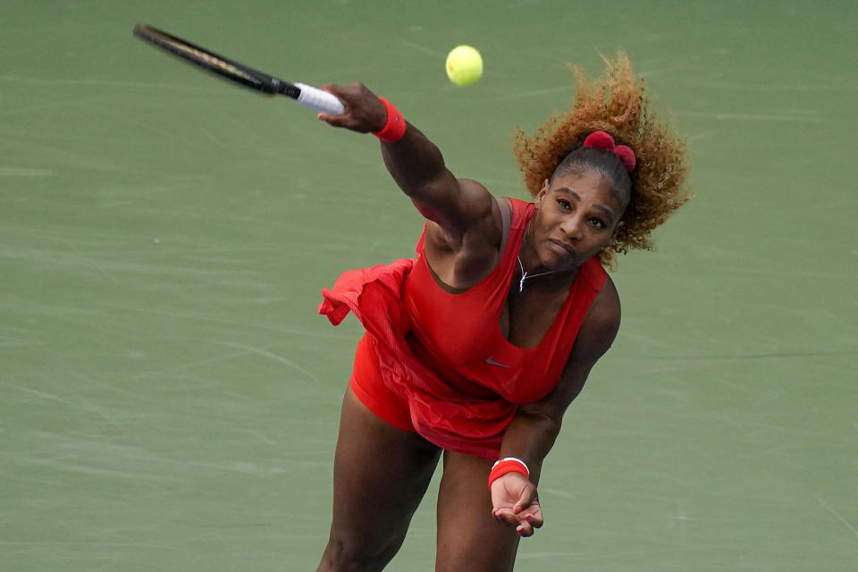 Serena Williams, of the United States, serves to Sloane Stephens, of the United States.