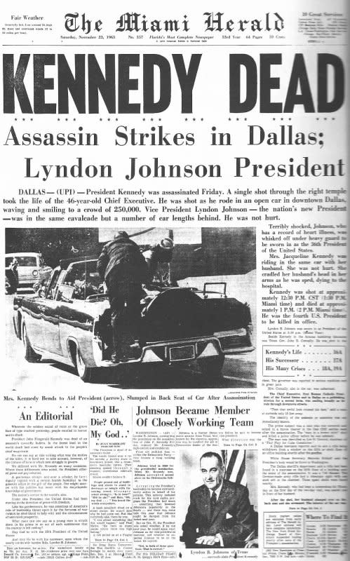 The front page of The Miami Herald for November 23, 1963, gives the news of the assassination of President John F. Kennedy. UPI File Photo