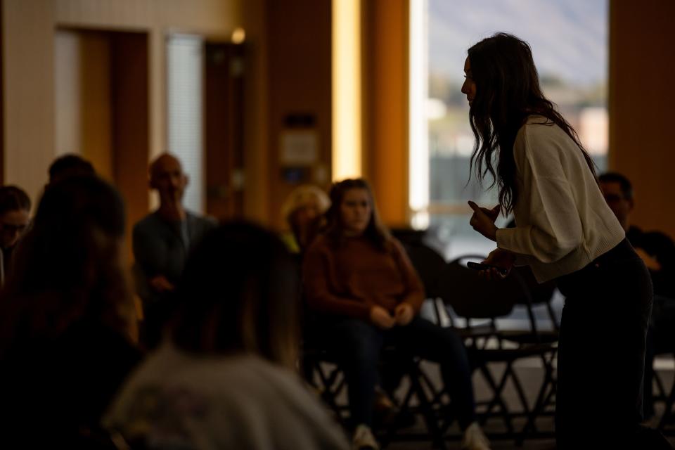 Kristi Holt, co-founder of The MECA Project, leads a discussion group at the Safe2Feel workshop at Utah Valley University in Orem on Saturday, Nov. 4, 2023. | Spenser Heaps, Deseret News