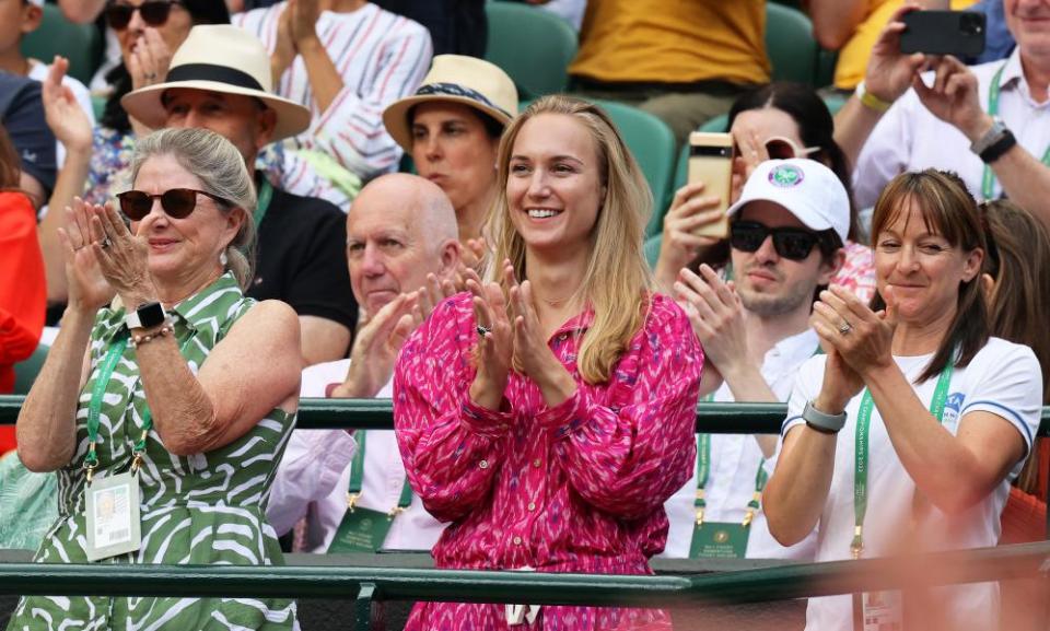 Cameron Norrie’s girlfriend Louise Jacobi celebrates after his fourth-round win.