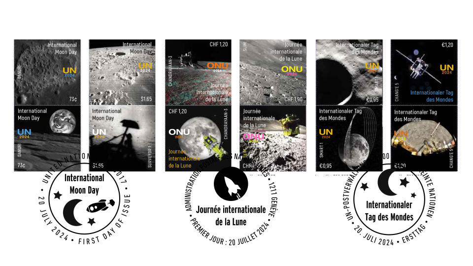  The United Nations Postal Administration (UNPA) is issuing six se-tenant postage stamps depicting six countries' lunar orbiter or landing missions in commemoration of International Moon Day on July 20, 2024. 