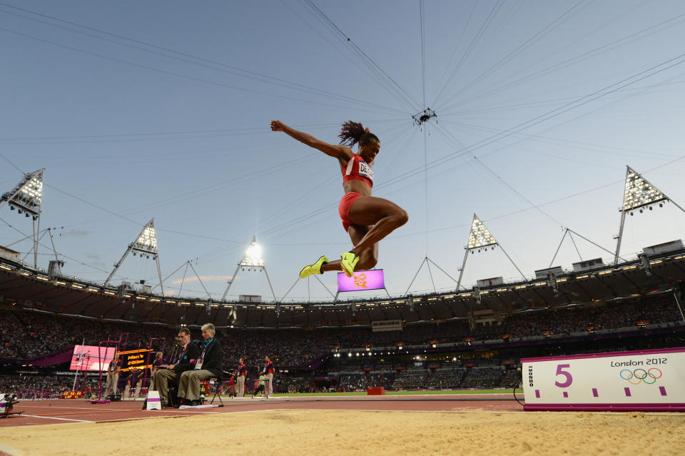 Janay Deloach of the United States competes in the Women's Long Jump Final on Day 12 of the London 2012 Olympic Games at Olympic Stadium on August 8, 2012 in London, England. (Photo by Stu Forster/Getty Images)
