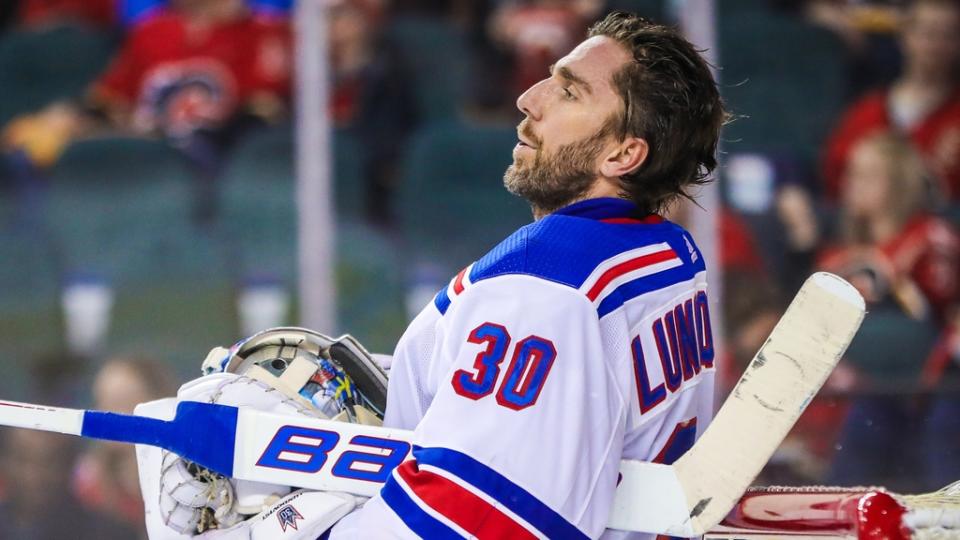 Mar 2, 2018; Calgary, Alberta, CAN; New York Rangers goaltender Henrik Lundqvist (30) during the third period against the Calgary Flames at Scotiabank Saddledome. New York Rangers won 3-1. Mandatory Credit: Sergei Belski-USA TODAY Sports