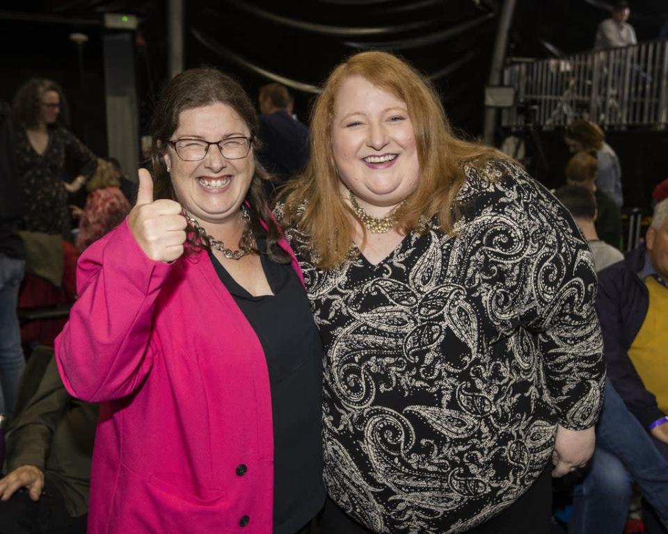 Kellie Armstrong (left) celebrates with party leader Naomi Long (Liam McBurney/PA) (PA Wire)