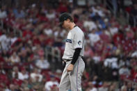 Miami Marlins starting pitcher Braxton Garrett pauses on the mound after giving up a ground-rule double to St. Louis Cardinals' Dylan Carlson during the fifth inning of a baseball game Tuesday, June 28, 2022, in St. Louis. (AP Photo/Jeff Roberson)