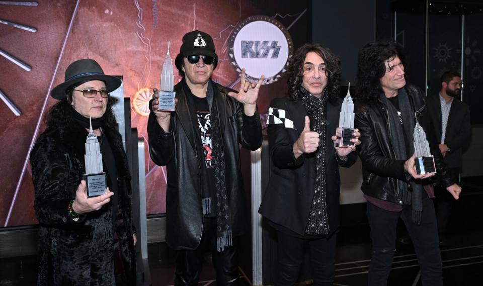 Eric Singer, Gene Simmons, Paul Stanley and Tommy Thayer of KISS on Nov. 30, 2023<p>Roy Rochlin/Getty Images for Empire State Realty Trust</p>